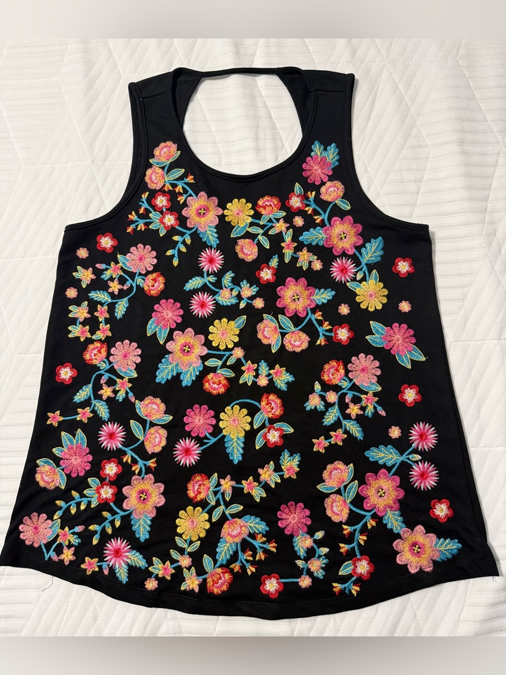 Savanna Jane Black Tank Top with Bright Floral Embroidery